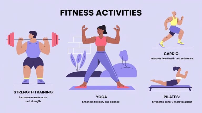 Illustration of fitness activities, showcasing the 4 types of fitness and their benefits blogspoter.com